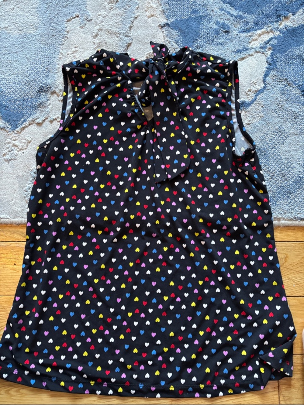 Madison Black Top with Multicolor Heart Print and Neck Tie